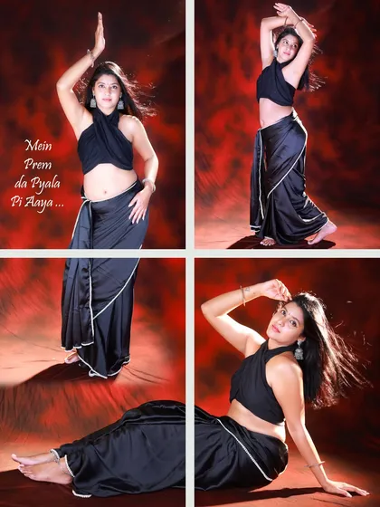 A collage summarizing our modern black saree shoot. It shows a range of dynamic poses and portraits we captured in the studio.