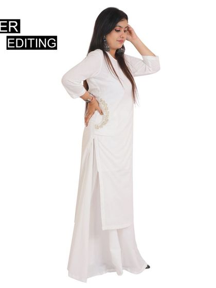 A clear "After Editing" shot of a model in a white kurti, showcasing the final result of our professional retouching and background removal service.