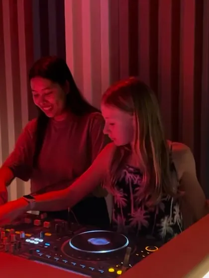 The best moments are when it just clicks. Here I am guiding a student from the UK through her first beat-matching session. My lessons are always one on one, so we can focus on your pace and your sound, making sure you feel the music.