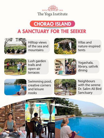 Our Goa campus on Chorao Island is a sanctuary for the seeker, featuring hilltop views, nature-inspired tents, a yogashala, a swimming pool, and the serene Dr. Salim Ali Bird Sanctuary nearby.