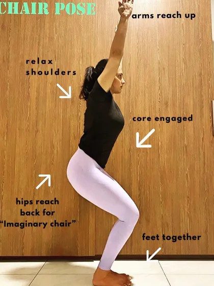 Utkatasana (Chair Pose) is fantastic for strengthening your legs and core, which helps support you during long hours of sitting. This image breaks down the key alignment points, like keeping your core engaged and hips reaching back, to help you practice the pose effectively and safely.