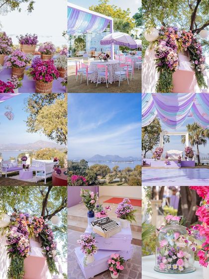 A collage of the dreamy purple and pink floral decor from a Mehendi ceremony in Udaipur.