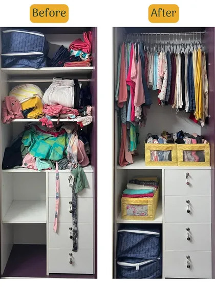 This before and after shot shows how a small wardrobe can be completely transformed. We went from a cluttered space with no room to a functional closet with hanging space and organized drawers.