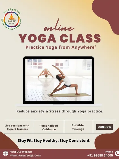 Practice with us from anywhere. This visual highlights our live online yoga classes, offering you personalized guidance and the flexibility to join our community from the comfort of your home.