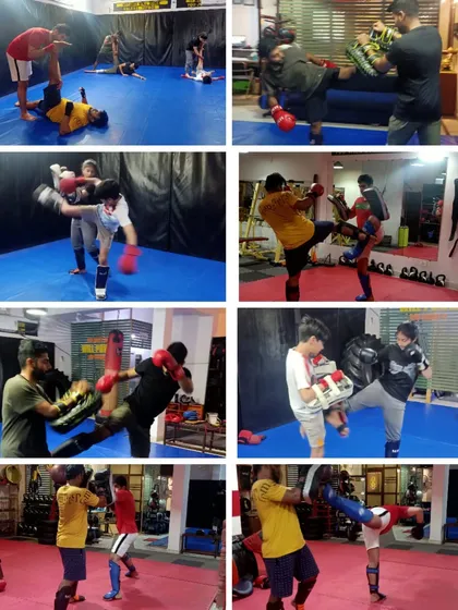 A collage showcasing our Dutch kickboxing defense and offense drills, including various pad work and sparring scenarios to build well-rounded fighters.