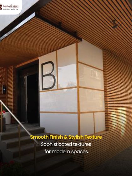 The smooth finish and stylish texture of Thermopine wood create a sophisticated look for modern spaces. Here, it is used on both the walls and ceiling to create a seamless and elegant entrance.