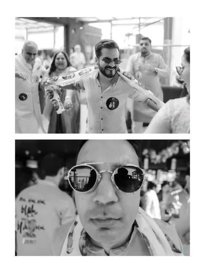 A collage of fun and quirky moments from the baraat, including guests with personalized props and candid expressions.