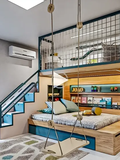 This imaginative kids' room design maximizes fun and function in a compact space. I built a custom loft bed with a secure caged play area on top, a cozy sleeping nook below with built-in bookshelves, and even a playful swing for endless enjoyment.
