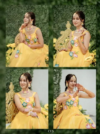 A collage of the bride enjoying her Haldi or Mehendi function. Her bright yellow dress and happy poses perfectly capture the festive and fun atmosphere of pre-wedding events.