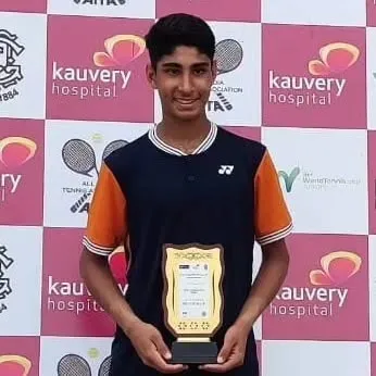 Tavish holding his finalist trophy at the ITF J60 event in Chennai. Every tournament, win or lose, is a valuable learning experience on the path to success.