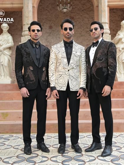 Another group shot of our statement tuxedos, perfect for a groom and his groomsmen who want coordinated yet individual looks.