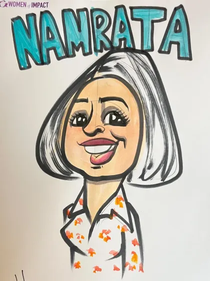 This guest's stylish haircut was a key feature in her caricature. It's all about noticing and exaggerating the details.
