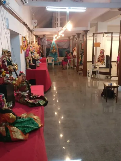 A wide view of one of our exhibition halls during a puppet display. The space is designed to allow for easy viewing of multiple puppet arrangements and provides a quiet, contemplative atmosphere.