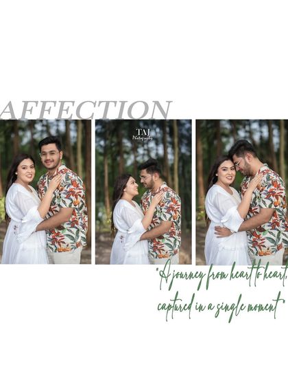 A beautifully designed collage with the word "AFFECTION." It combines three intimate portraits of the couple, capturing their close bond and loving glances in a clean, modern layout.