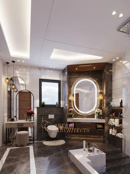 A comprehensive view of a luxurious master bathroom, featuring a rain shower, a dedicated vanity and dressing area, and integrated wardrobe spaces for a complete retreat.
