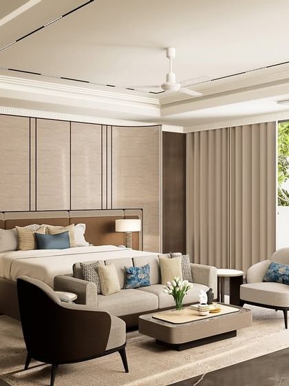 Another perspective of the master bedroom, emphasizing the clean lines of the wall paneling and the spacious layout. The design balances modern aesthetics with a feeling of warmth and comfort.