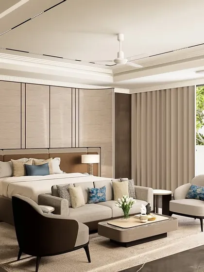 Another perspective of the master bedroom, emphasizing the clean lines of the wall paneling and the spacious layout. The design balances modern aesthetics with a feeling of warmth and comfort.