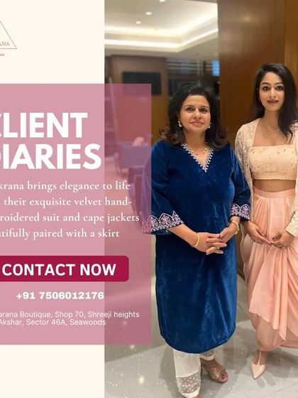 A client looking elegant in a velvet hand-embroidered suit, standing next to another client in a chic cape jacket paired with a dhoti skirt. This shows the range of my fusion wear.