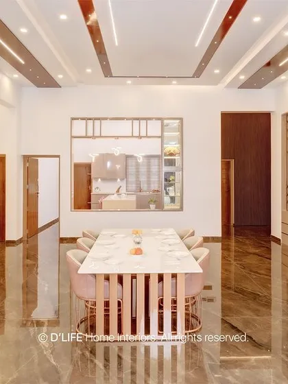 A grand and spacious dining hall with high ceilings and glossy marble floors. The design exudes luxury and is perfect for hosting large gatherings.