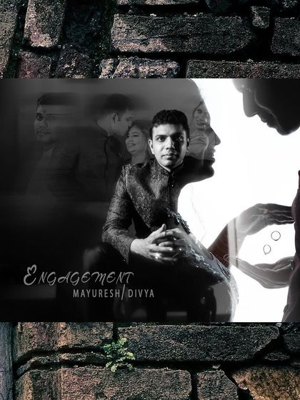 A creative double-exposure portrait in black and white, blending multiple moments from an engagement ceremony into one artistic image.