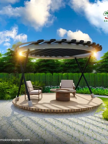 This modern gazebo design features a circular wooden deck and a slatted roof, offering a contemporary take on a classic garden structure. It's a perfect spot for intimate conversations, surrounded by lush greenery and integrated lighting.