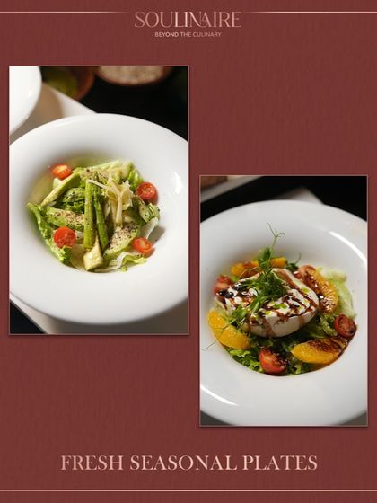 A collage of fresh seasonal plates, including a Caesar salad and a Burrata salad with peaches. We prioritize using fresh, seasonal ingredients to create vibrant and delicious dishes.