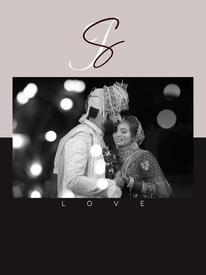 A beautiful black and white wedding photo with modern typography. The groom's gentle kiss on the bride's forehead is a classic, romantic moment captured with an artistic touch.