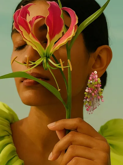 This is the vibe of my FLORAA collection. A model showcasing our handcrafted pink and green beaded earrings, designed to feel like a mini bouquet you can wear. It’s a perfect accessory for a garden wedding or a brunch look.