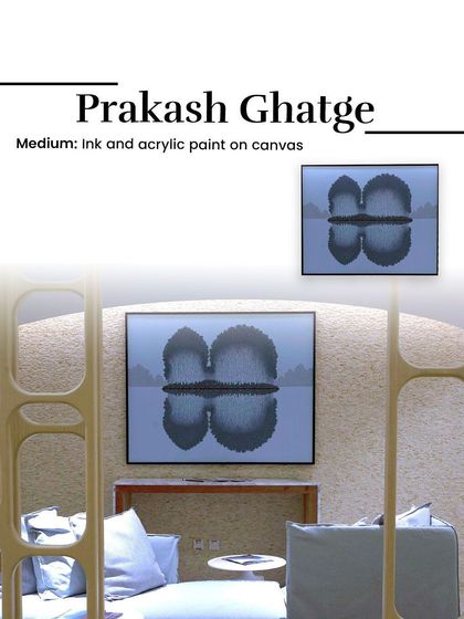 Prakash Ghatge's serene ink and acrylic paint on canvas, curated for the Four Seasons Hotel. Every piece was selected to extend the atmosphere of each room.