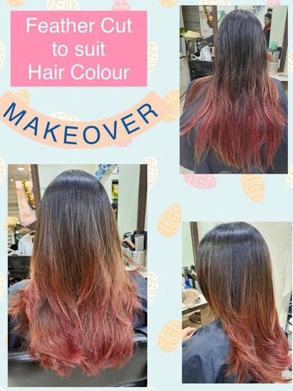 A soft feather cut designed to complement an existing ombre hair color. The light, feathery layers blend seamlessly with the color gradient, creating a cohesive and stylish look.