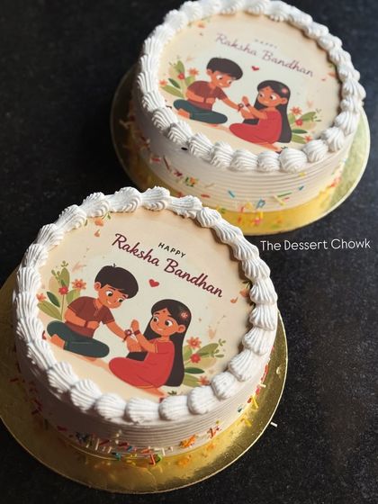 A set of matching photo cakes for Raksha Bandhan, featuring a sweet illustration of a brother and sister.