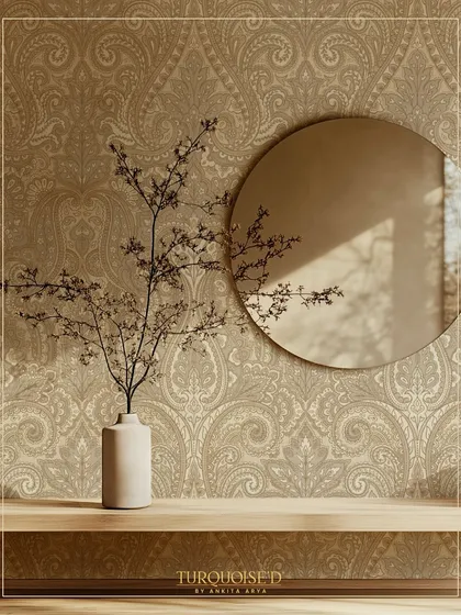 In a softer, neutral tone, the Begum Jaal wallpaper provides a subtle yet elegant backdrop. The texture and pattern add depth to the wall without overwhelming the minimalist decor, showing its versatility.