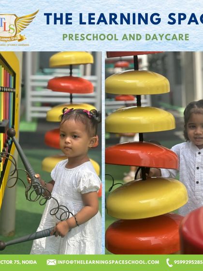 Children exploring our outdoor musical space. Tapping on the xylophone and drums allows for creative expression and sensory exploration in the fresh air.