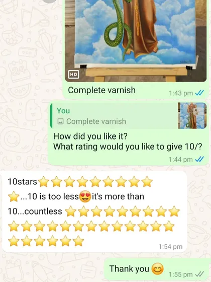 A screenshot of a happy client's feedback for the Saint Anthony painting. Getting a "more than 10/10" rating makes all the hard work worth it.