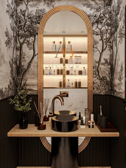 A dramatic powder room featuring a bold black-and-white tree-scape wallpaper, a floating wood countertop, and a striking black vessel sink.