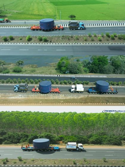Aerial shots tracking oversized cargo for Premier Roadlines on the highway. This perspective is invaluable for demonstrating the capability to transport large and unconventional loads.