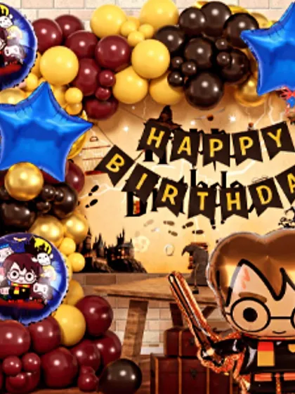 For all the little wizards out there, I offer a complete Harry Potter themed birthday decoration. This setup includes balloons in house colors, a themed 'Happy Birthday' banner, and character foil balloons.