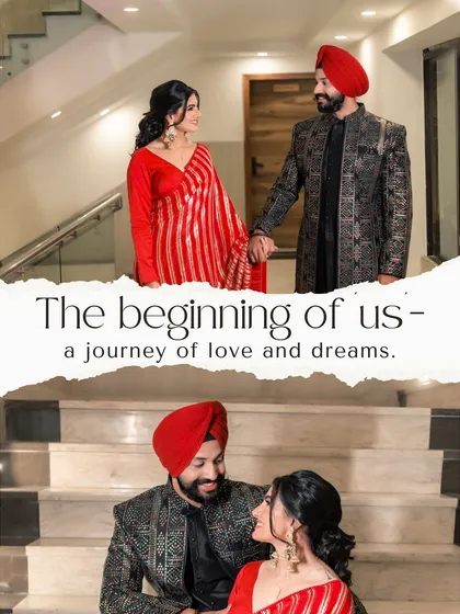 A diptych showing the couple holding hands on the stairs, capturing both a wide shot and a close-up of their loving gaze.