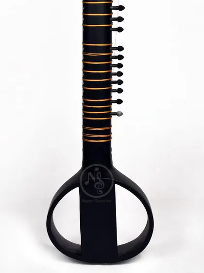 The sleek neck and body of the black electric sitar. The design is lightweight and ergonomic, making it comfortable to play for long periods.