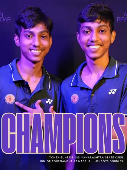 The twin prodigies, Arjun and Aryan Birajdar, celebrating their U19 Boys Doubles championship title at the Maharashtra State Open Junior Tournament in Nagpur.