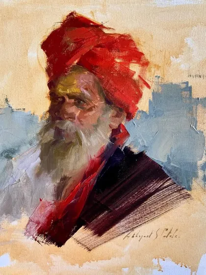 Created during a live demonstration for art students, this oil portrait of a man in a vibrant red turban showcases my impasto technique. The focus is on capturing the subject's presence and expression through bold color and textured brushwork.