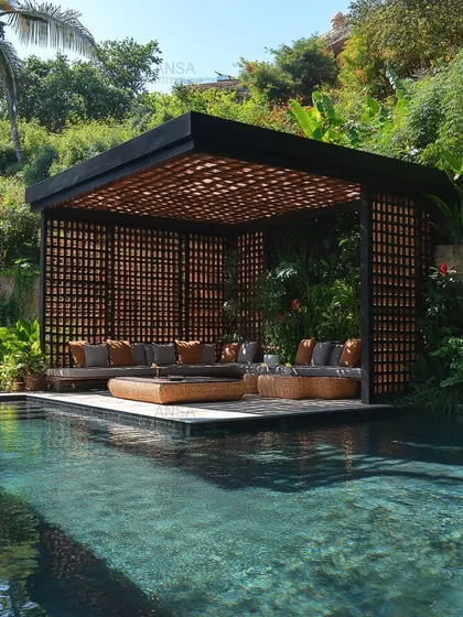 I love creating spaces that feel like a permanent vacation. This poolside gazebo, with its intricate rattan screens and comfortable lounge seating, is a perfect escape. It’s designed to filter sunlight beautifully, creating a tranquil spot for relaxation that blends seamlessly with the surrounding nature.