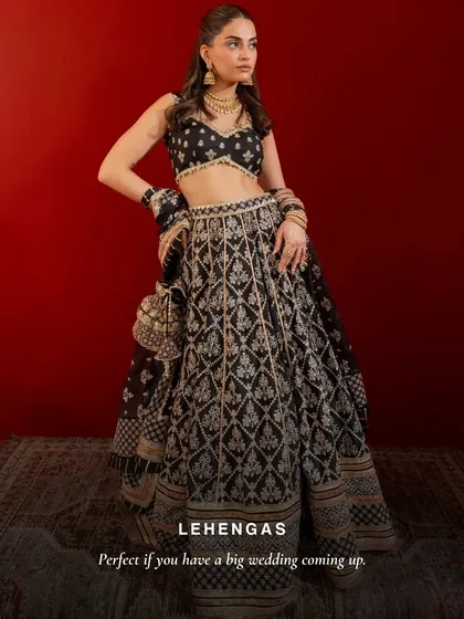 This black printed lehenga is perfect if you have a big wedding coming up. The classic color and print make it a timeless choice.