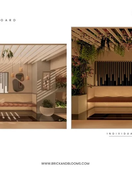This design concept highlights built-in seating and creative use of lighting. The long bench provides ample seating while saving space, and the combination of hanging plants, a slatted feature wall, and under-seat lighting adds depth and modern flair.