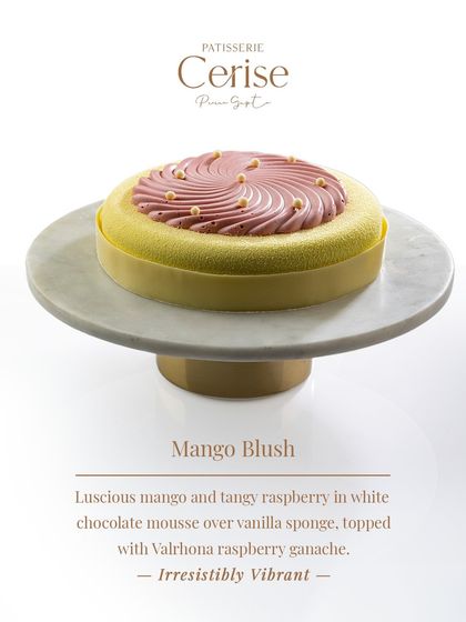 The Mango Blush entremet is irresistibly vibrant. It combines luscious mango and tangy raspberry in a white chocolate mousse over vanilla sponge, topped with Valrhona raspberry ganache.
