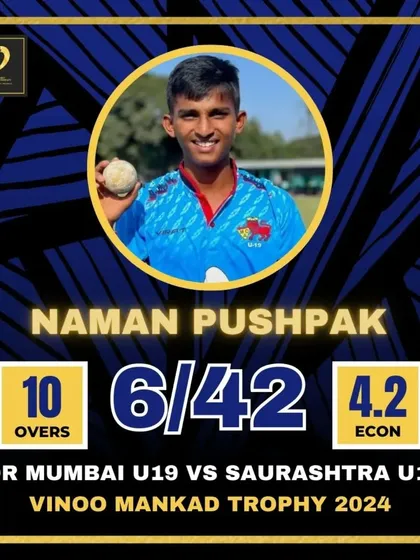 Naman Pushpak delivers a match-winning performance, taking 6 wickets for 42 runs for Mumbai U19 in the Vinoo Mankad Trophy.