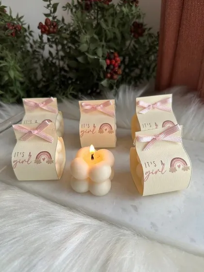An example of our customized packaging for bubble candles. This 'It's a Girl' theme is perfect for a baby announcement or shower.
