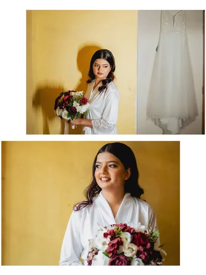 A diptych of the bride in her robe, holding her bouquet. The warm, golden light creates a beautiful and soft getting-ready portrait.