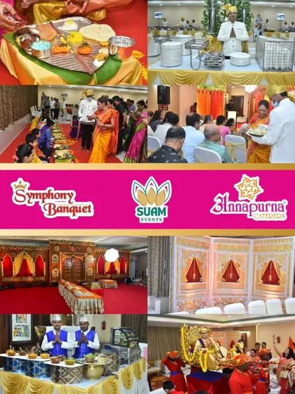 This collage captures the essence of what we do. It shows a traditional Maharashtrian ceremony, our elegant decor, and a glimpse of our catering service, all brought together under our trusted brands: Symphony Banquet, SUAM Events, and Annapurna Caterers.