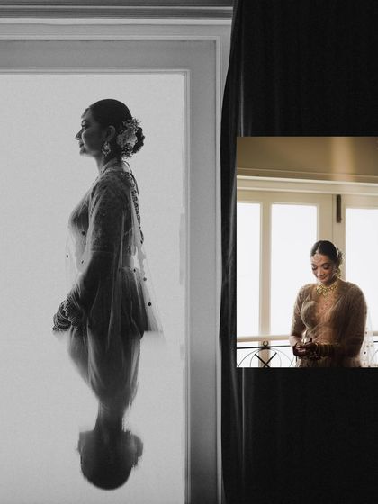 An artistic collage featuring a silhouette of the bride against a bright window. The reflection and the play of light and shadow create a stunning, high-contrast image that is both modern and timeless.